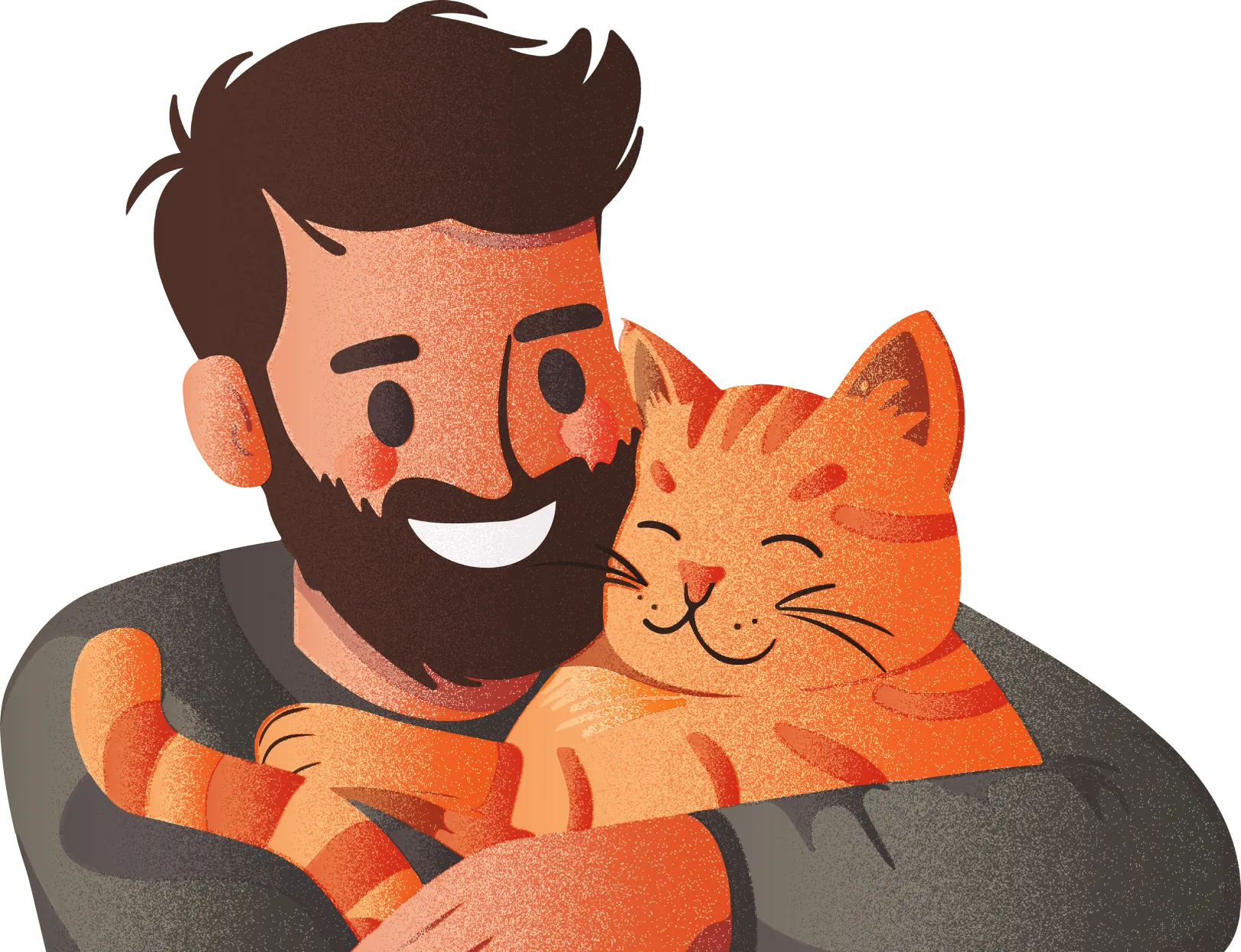 A bearded man hugging his smiling ginger cat.