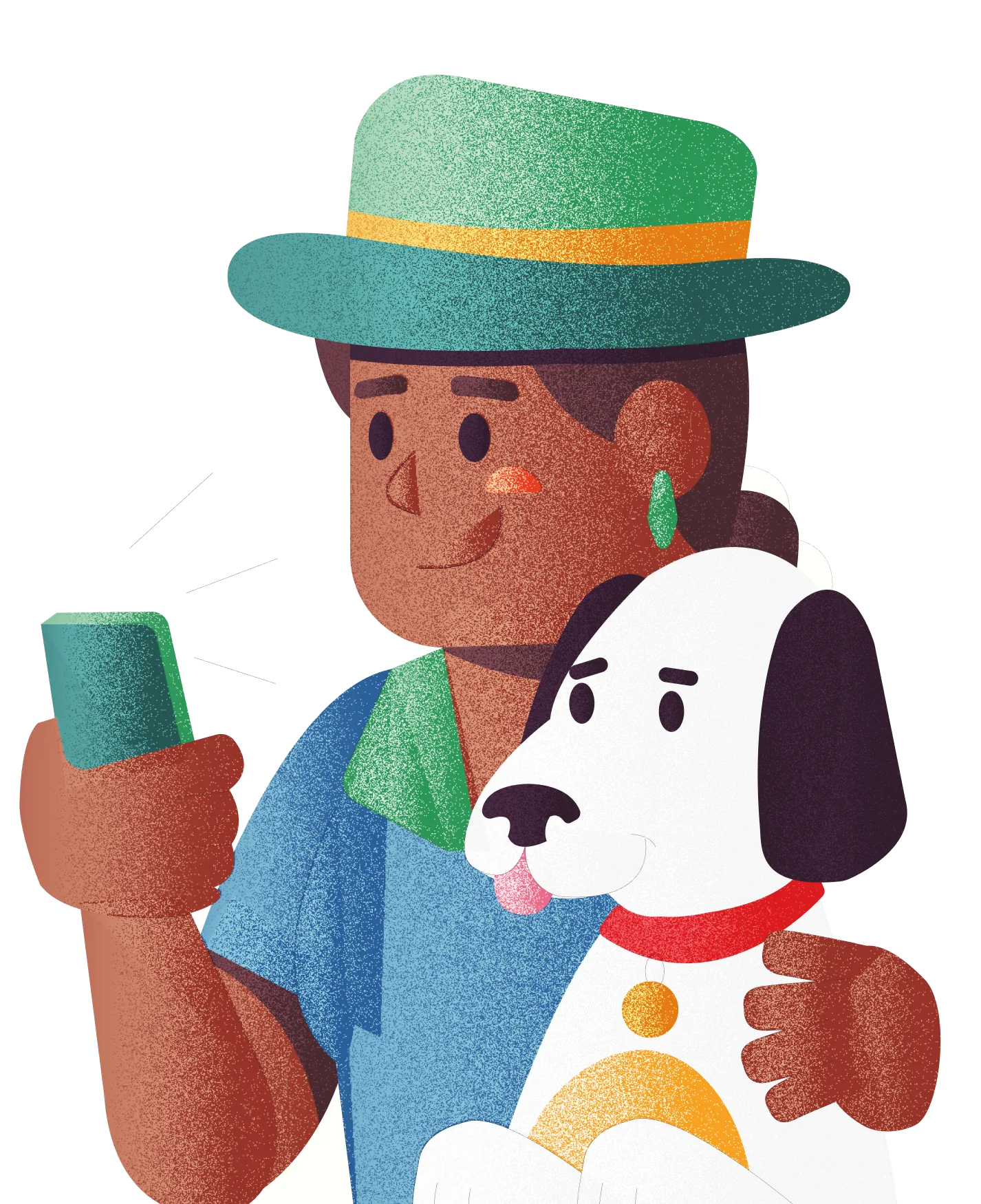 A woman in a green hat checking her phone beside her spotted dog.