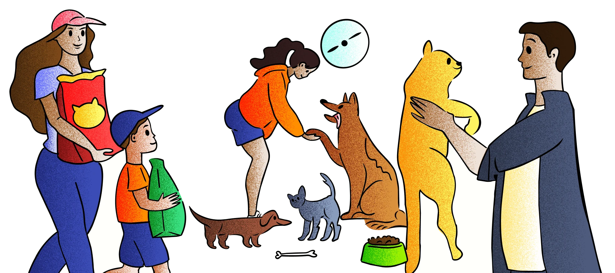 Pet lovers with their dogs and cats.